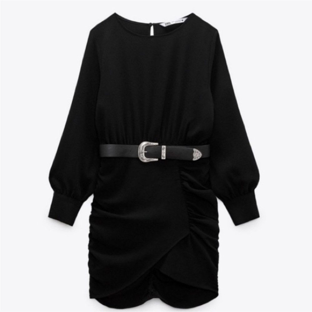 NWT Zara Black Ruched Dress with Western Belt XS